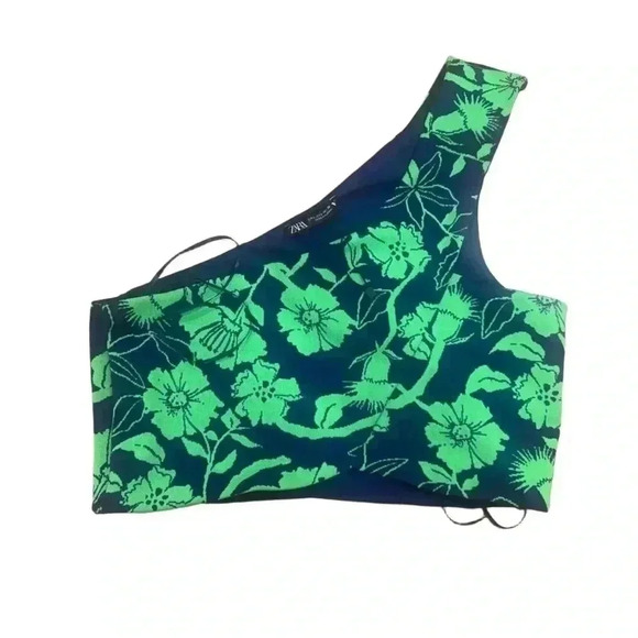 Zara One Shoulder Hawaiian Floral Crop Top Navy Green Size Large New - Picture 2 of 3